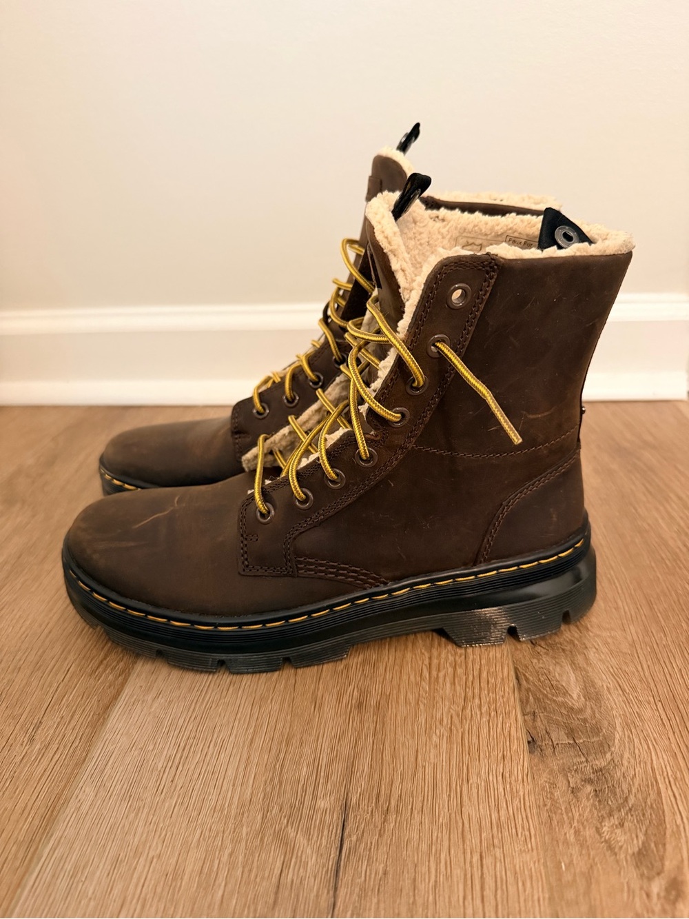 Dr. Martens Brown Leather Lace-Up Shearling Boots with Yellow Laces